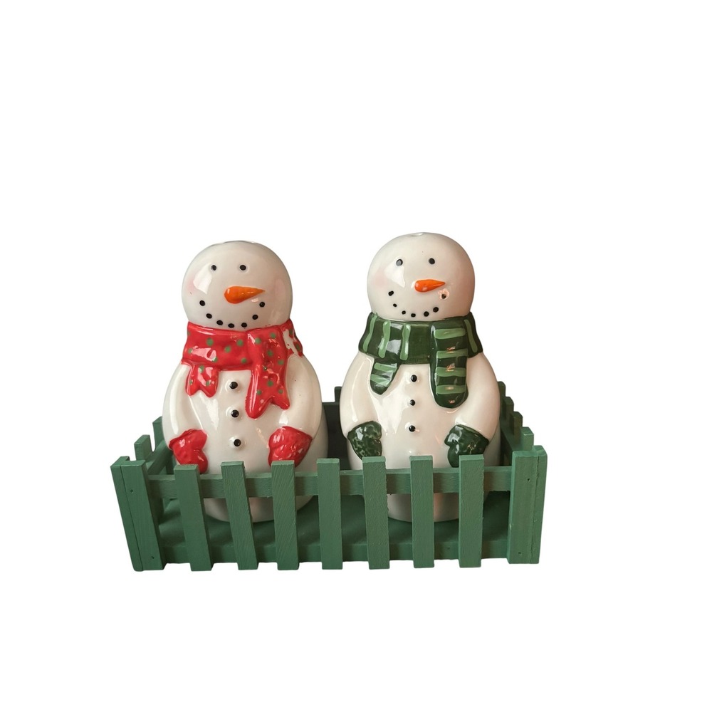 Vintage Snowman Salt Pepper Shakers Set Ceramic Christmas Red Green Chip